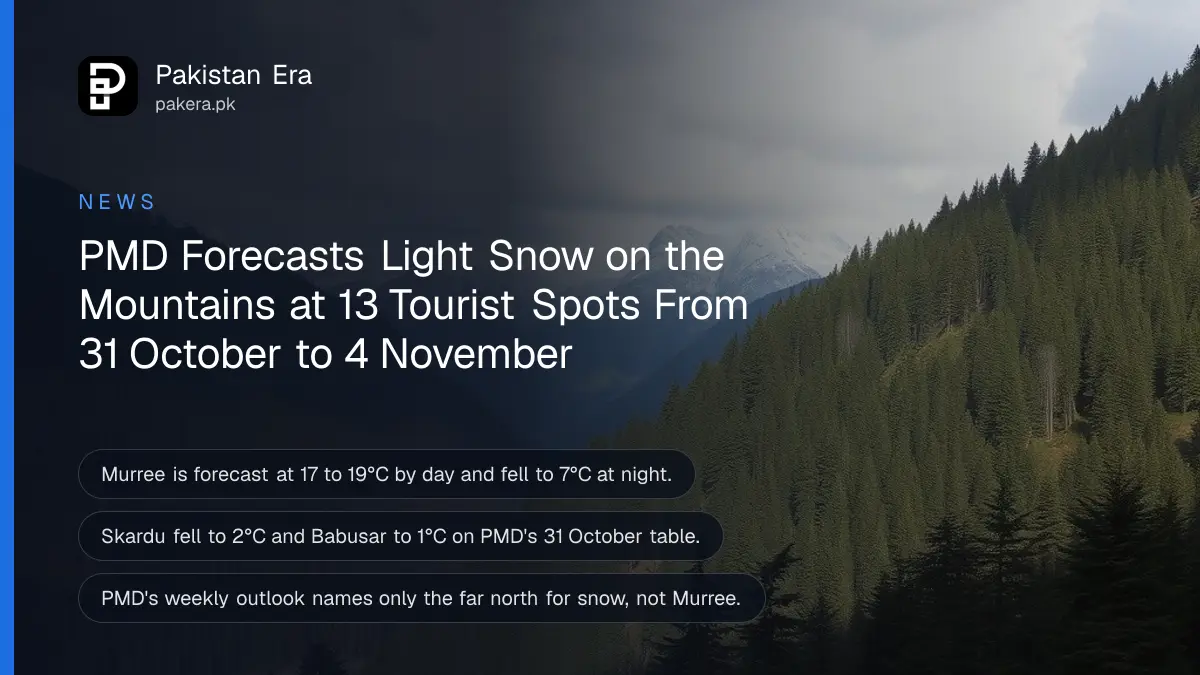 Snow dusting the tops of pine-covered mountains under grey clouds in northern Pakistan