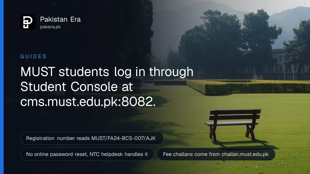 Wooden benches under shady trees on a quiet green university lawn in Mirpur, Azad Kashmir