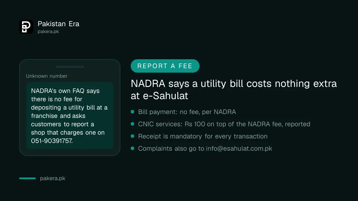 NADRA e-Sahulat charges and where to report a shop that adds a fee