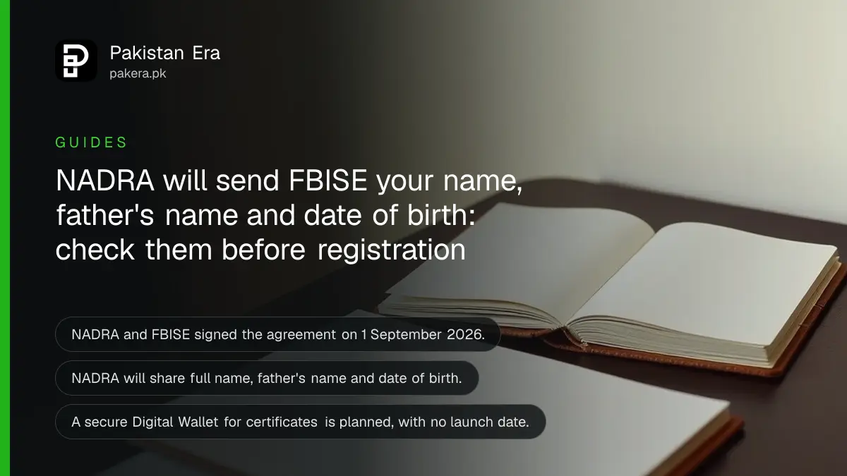 A pencil case and a notebook on a dark wooden table, for a guide on the NADRA and FBISE student registration agreement