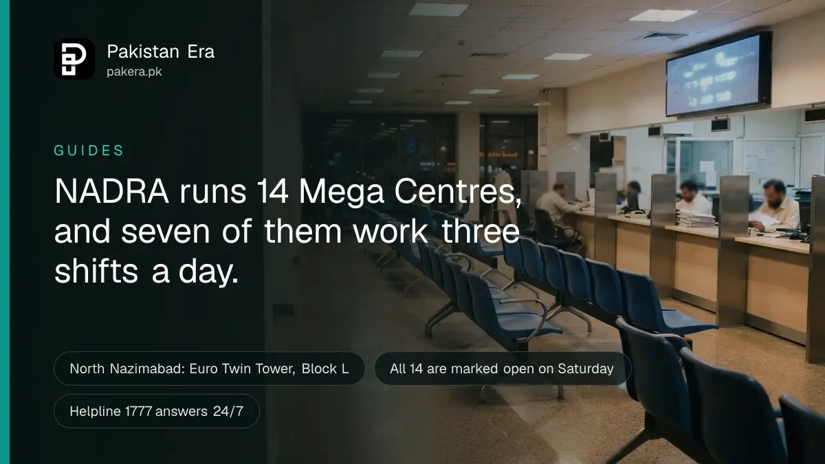 A quiet service hall in Karachi with rows of empty waiting chairs and a blank token display screen