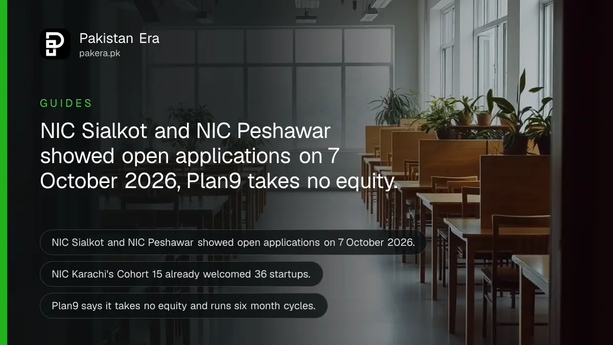 A bright open plan co-working office in Pakistan with empty desks and chairs near large windows