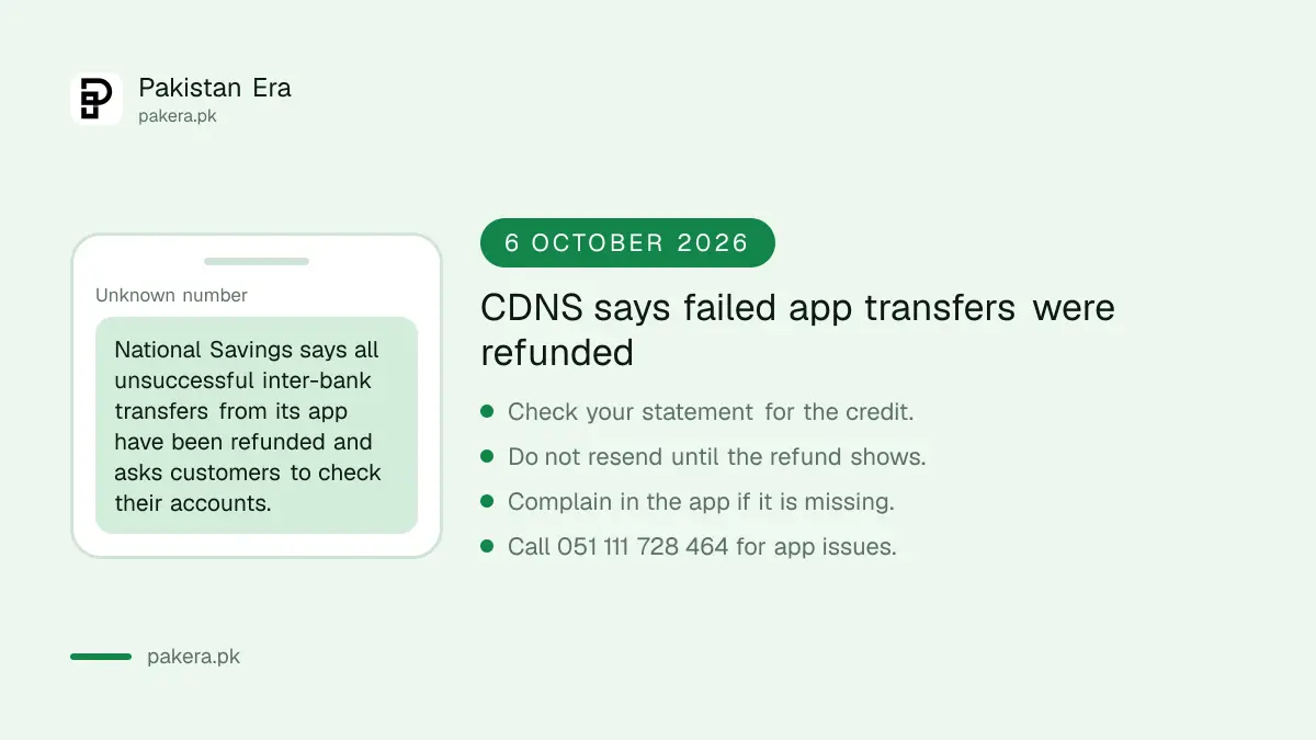 Notice that failed National Savings app transfers were refunded on 6 October 2026, with what to check