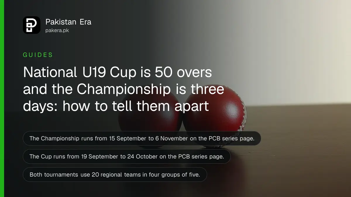 Two red leather cricket balls side by side on a dark wooden table, for the two PCB under-19 tournaments