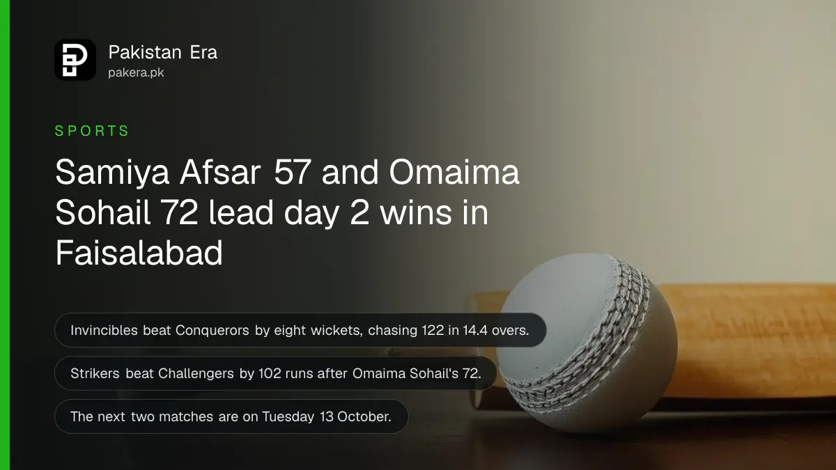 A white cricket ball and a wooden bat on a dark wooden table, for the National Women's T20 Tournament in Faisalabad