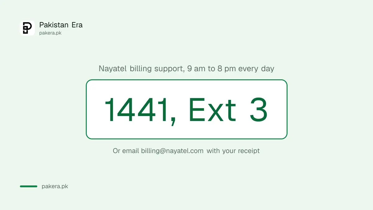 Nayatel billing support in Pakistan: 1441 extension 3 and billing email