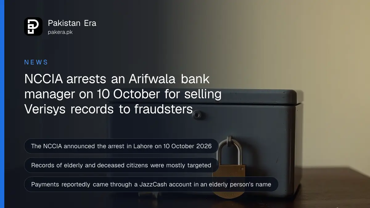 A closed grey cash box and a brass padlock on a dark wooden table, for news of a bank manager arrested over identity data sales