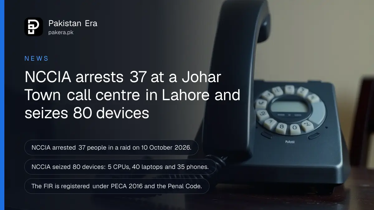 A black corded telephone handset on a dark wooden table, for news of an NCCIA call centre raid in Johar Town, Lahore