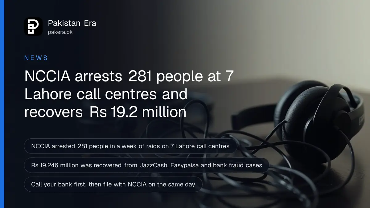 A row of black unplugged headsets and tangled cables on a dark wooden table, for news of NCCIA call centre arrests in Lahore