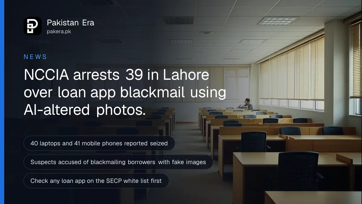 A row of empty office desks with closed laptops and black headsets in a quiet call centre room in Lahore