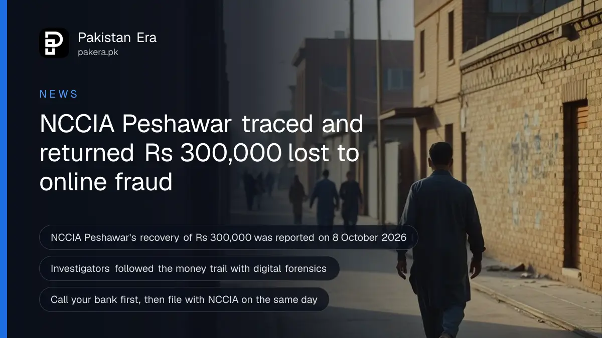 A quiet Peshawar street in soft morning light with low brick buildings and people walking in the distance, for news of an NCCIA fraud recovery