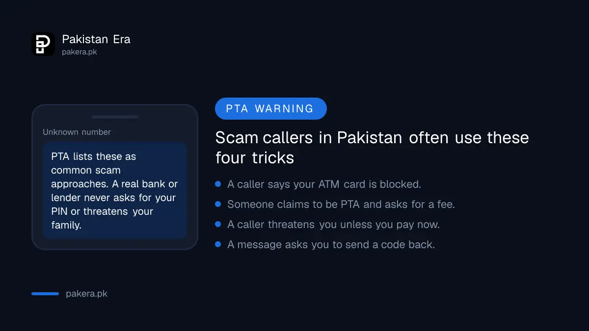 PTA warning signs of a scam call in Pakistan, including threats and fake officials