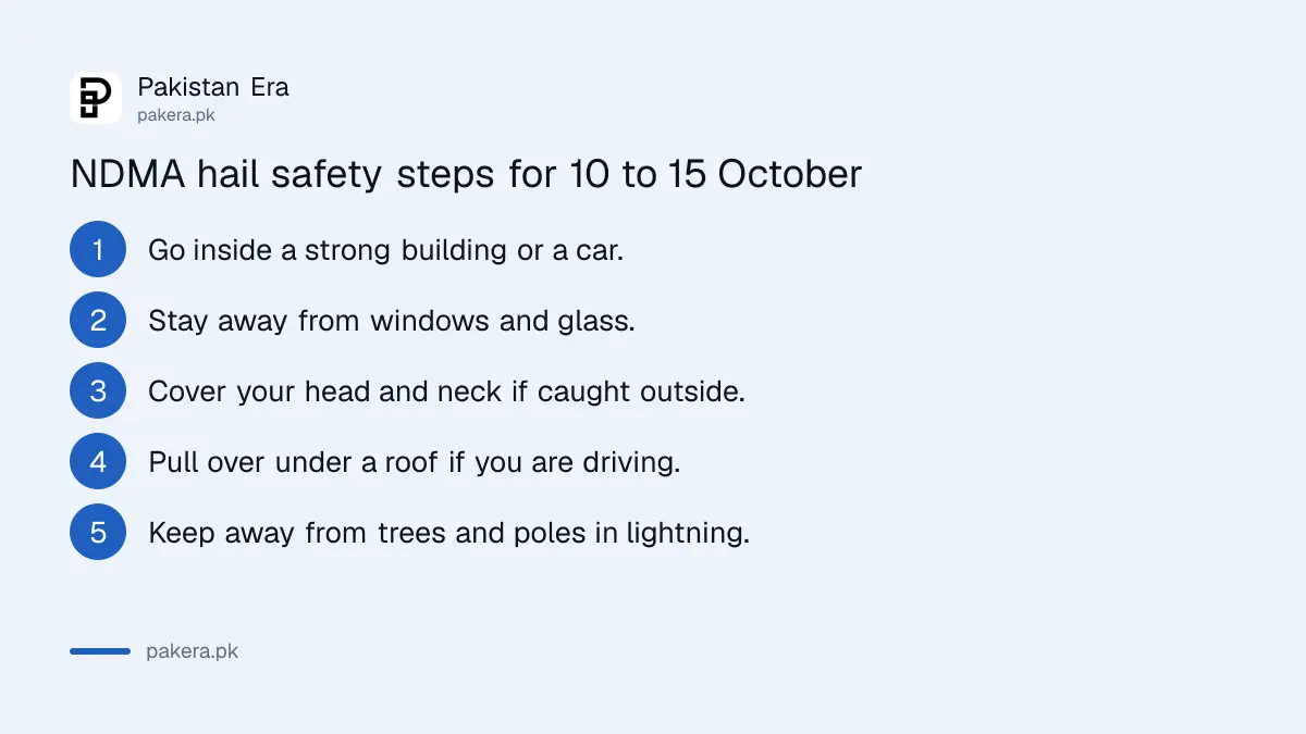 Five NDMA safety steps for a hailstorm: go indoors, avoid windows, cover your head, pull over, avoid trees and poles