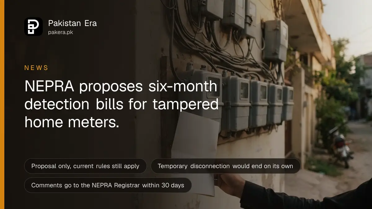A row of plain grey electricity meters on the outside wall of a Pakistani house, with a hand holding a paper bill below them