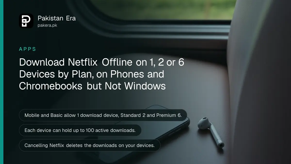 A smartphone face up on a bus seat beside a pair of wireless earbuds, a window with passing fields behind