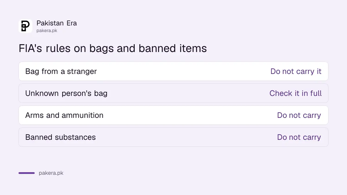 What FIA's guide says about strangers' bags and banned items