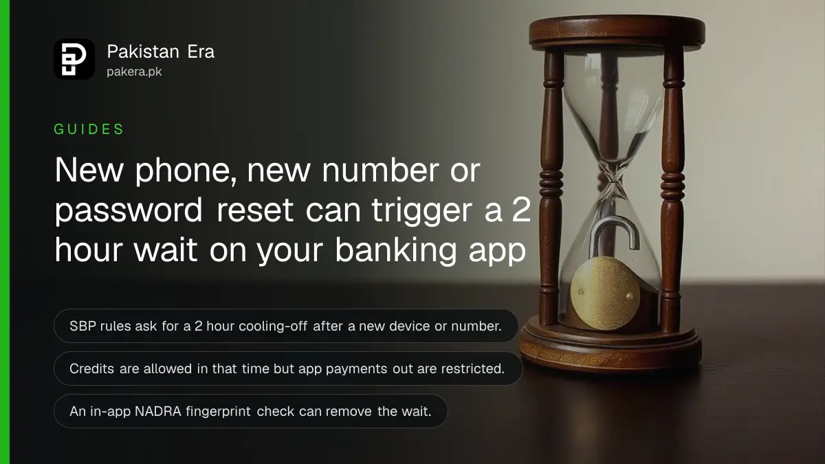 A wooden hourglass and a brass padlock on a dark wooden table, for a guide on the 2 hour banking app wait after a new phone