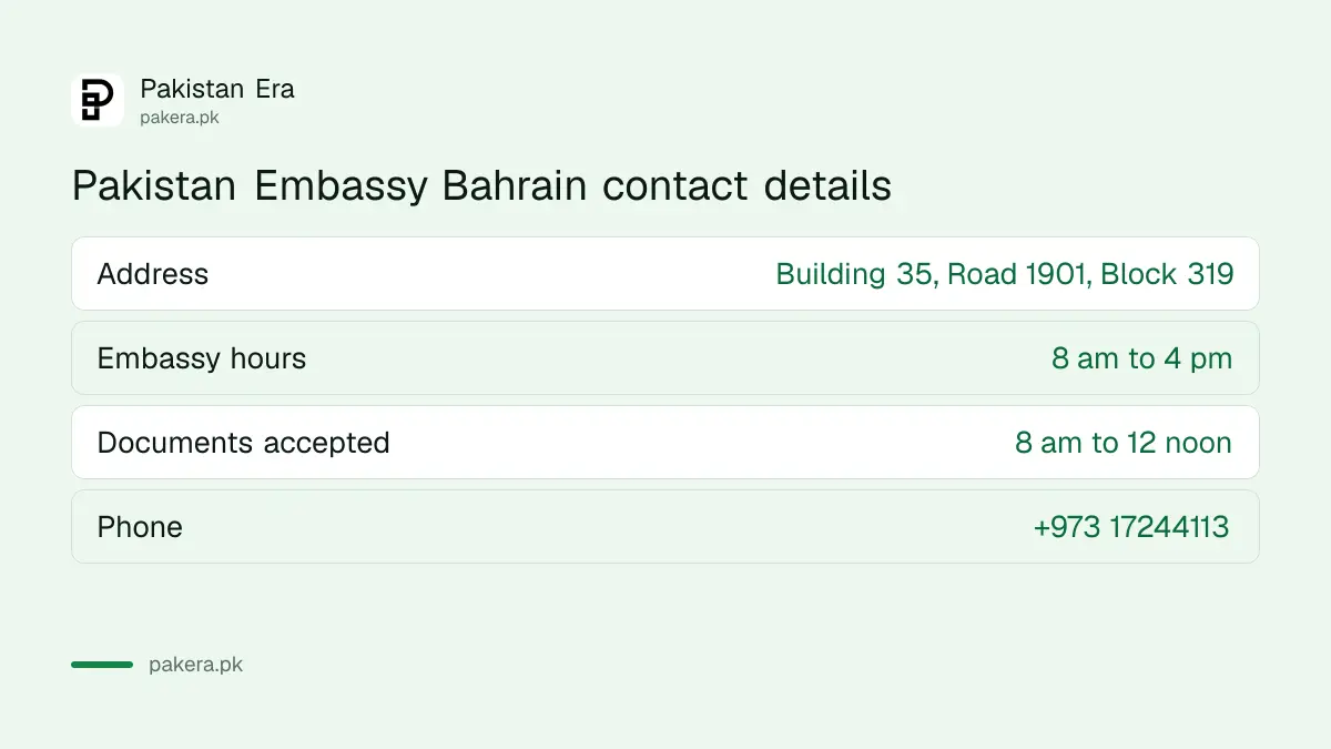 Pakistan Embassy Bahrain address, hours and phone numbers for NADRA services
