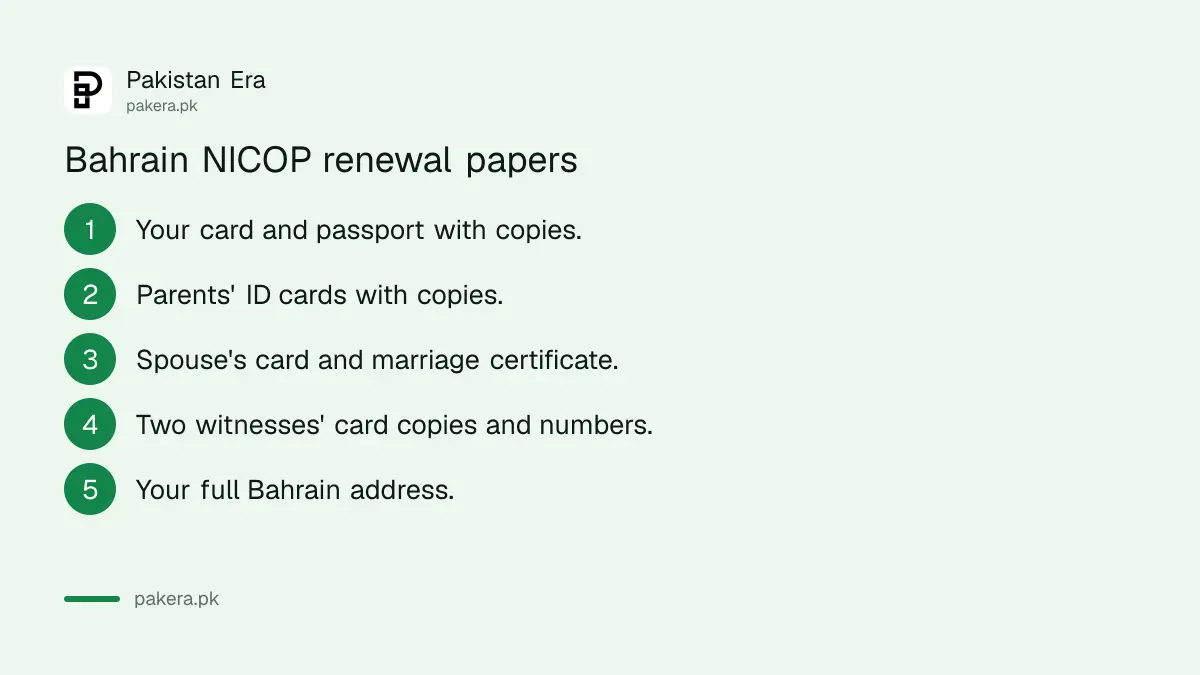 Documents for a NICOP renewal at the Pakistan Embassy in Manama, Bahrain
