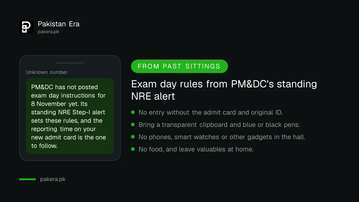 NRE Step-I exam day rules from PM&DC's standing alert: admit card, original ID, no gadgets