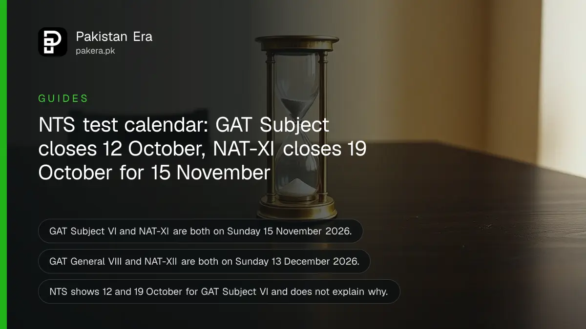 A brass hourglass on a dark wooden table, for an article on nts test schedule 2026