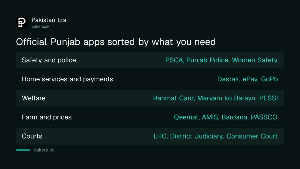 Official Punjab government apps grouped by what a citizen wants to do