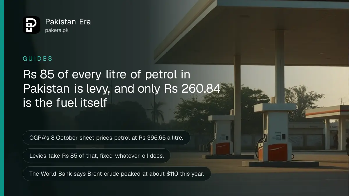 A row of petrol pumps at a quiet filling station in Lahore in morning light, seen from across the forecourt