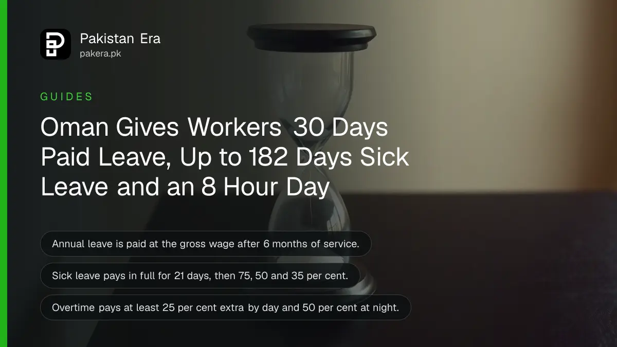 A glass hourglass on a dark wooden table against a plain cream wall, for leave and working hours in Oman