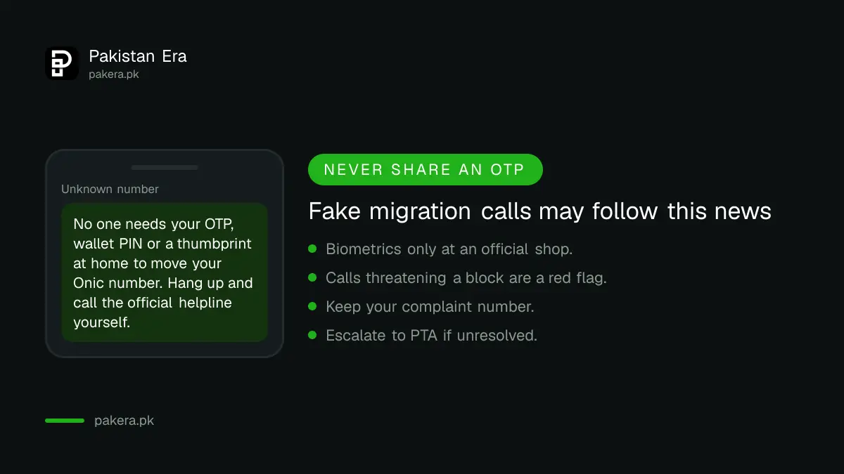 Warning about fake Onic migration calls asking for OTP codes in Pakistan