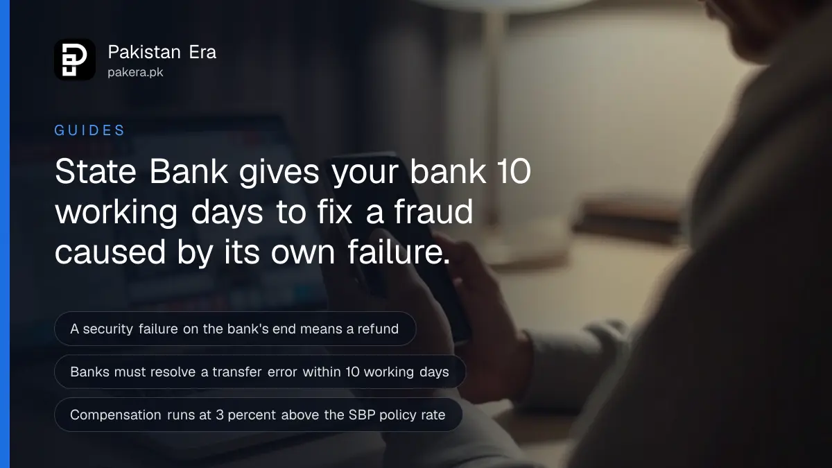 A hand holding a smartphone displaying a bank app with the screen turned away from the camera, near a laptop on a desk