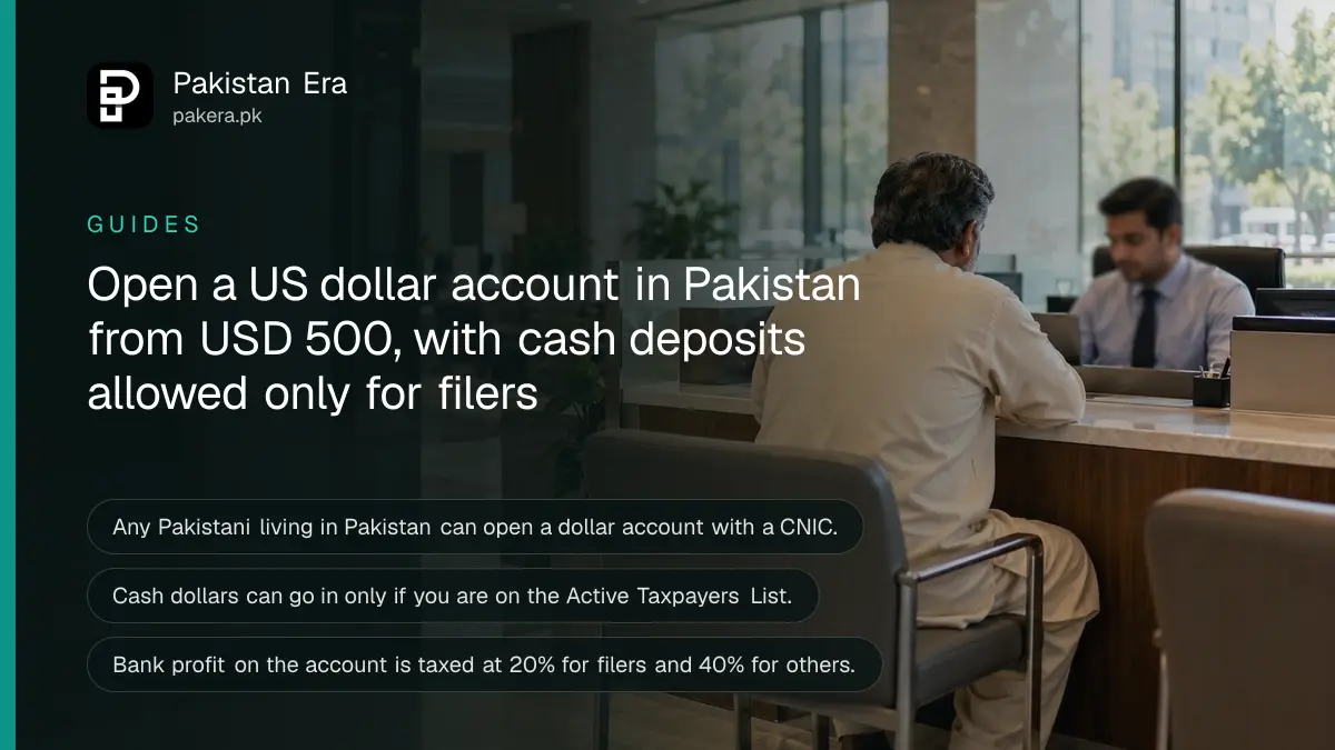 A customer seen from behind at a bank counter in a Lahore branch, speaking to a bank officer about opening an account