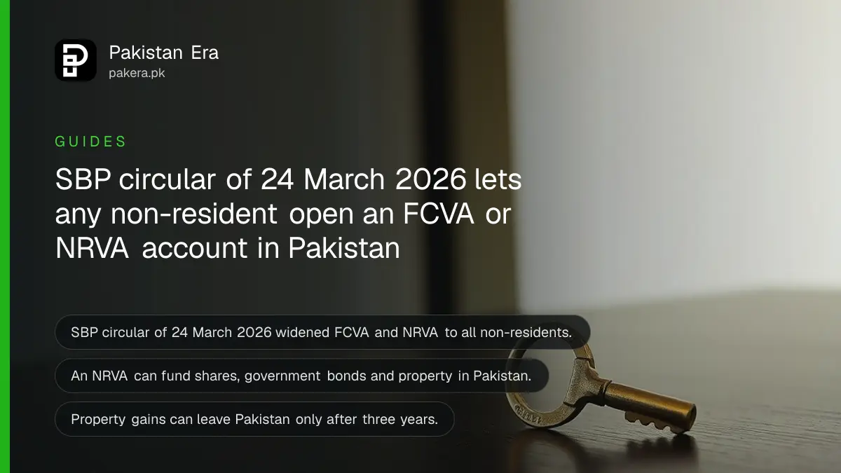 A brass key on a dark wooden table, for an article on FCVA and NRVA non-resident accounts in Pakistan
