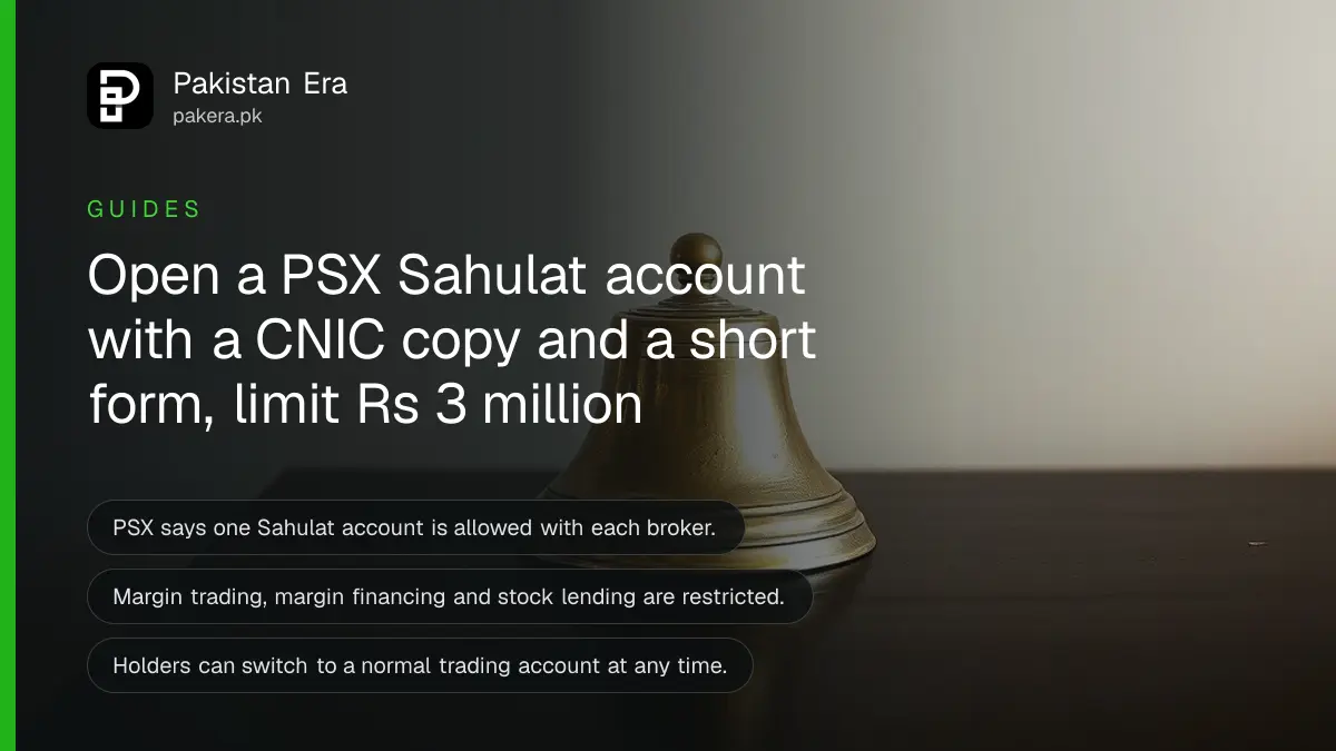 A brass bell on a dark wooden table, for an article on opening a PSX Sahulat share trading account