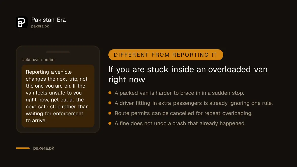 Warning that reporting an overloaded van protects the next trip, not the one you are on