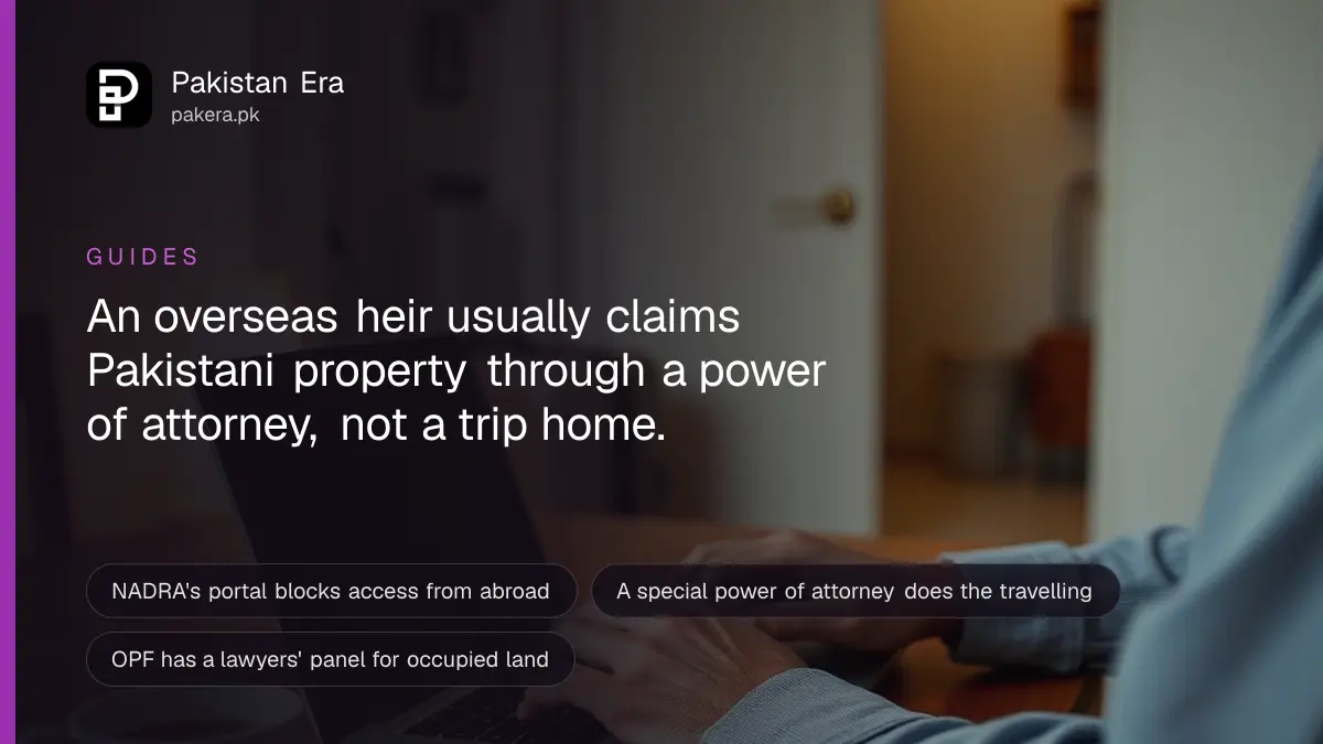 An overseas Pakistani reviewing property documents on a laptop at home abroad