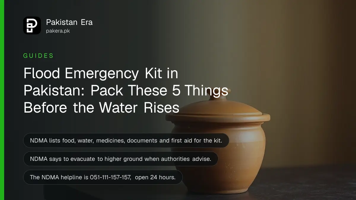 A terracotta pot on a dark wooden table, for a guide on packing a flood emergency kit in Pakistan