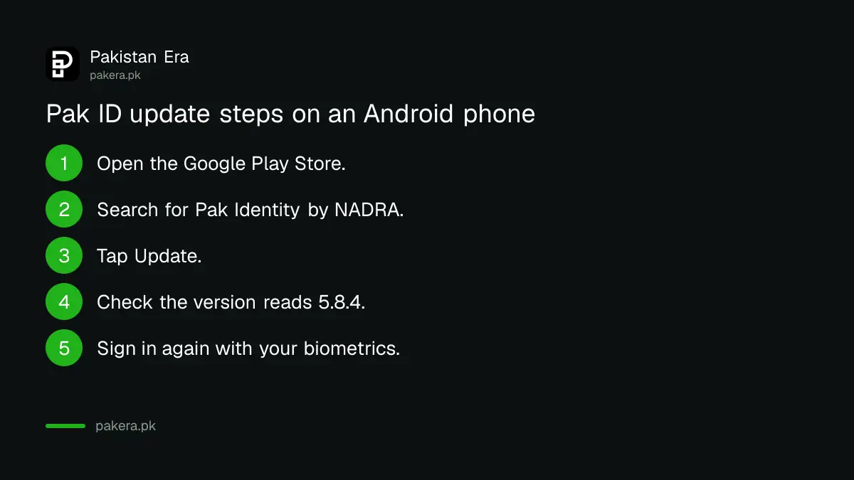 Steps to update NADRA's Pak ID app to version 5.8.4 on an Android phone