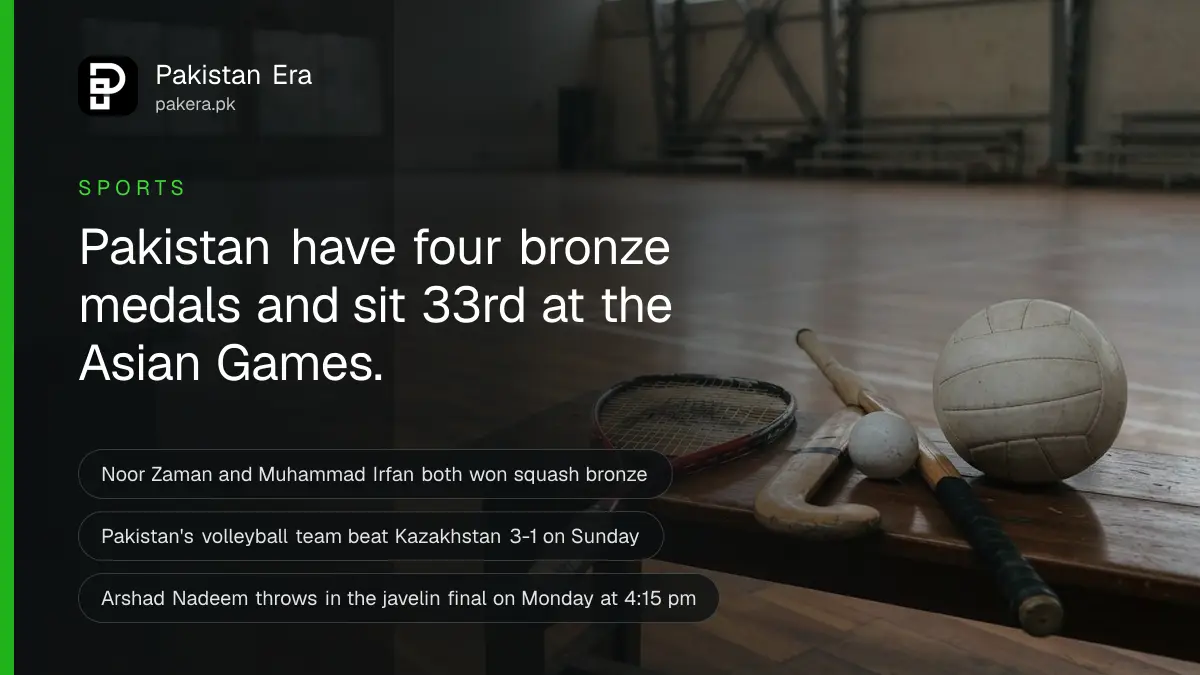 A squash racket, a hockey stick and a volleyball resting on a wooden bench in an empty sports hall