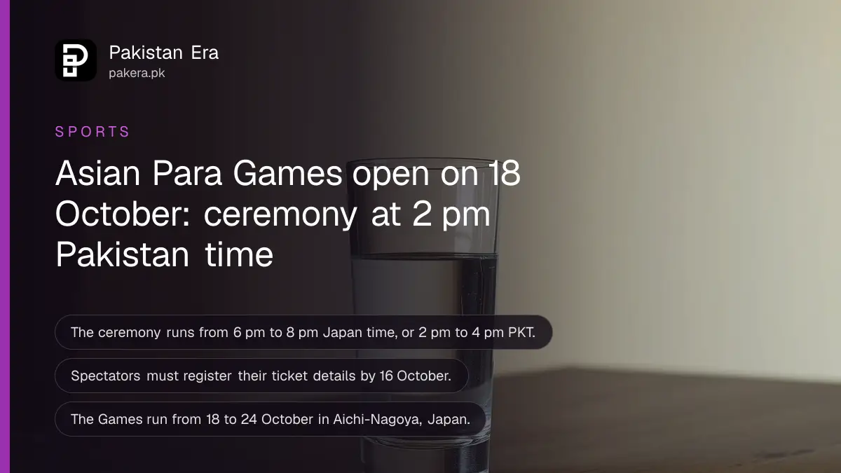A clear water glass on a dark wooden table, for the Asian Para Games opening ceremony time in Pakistan