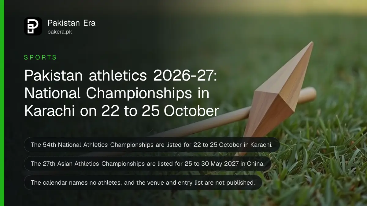 A wooden javelin lying on short green grass, for an article on the Pakistan athletics calendar 2026-27