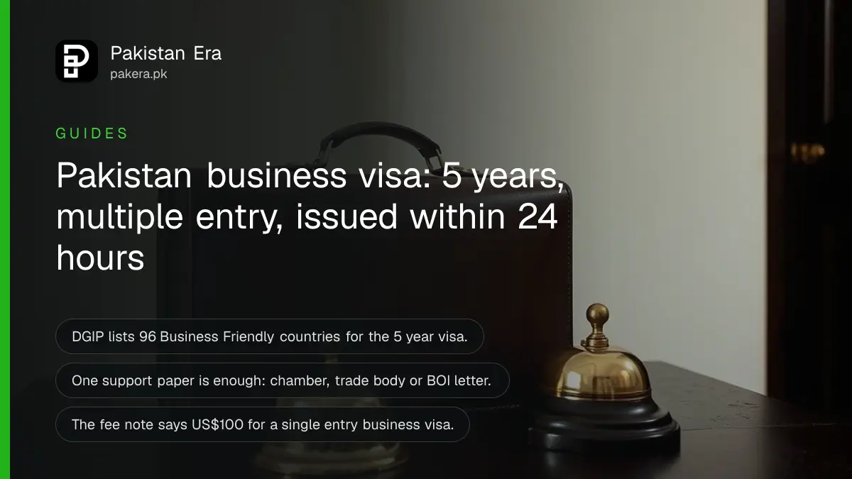 A closed leather briefcase and a brass desk bell on a dark wooden table, for a guide on the Pakistan business visa