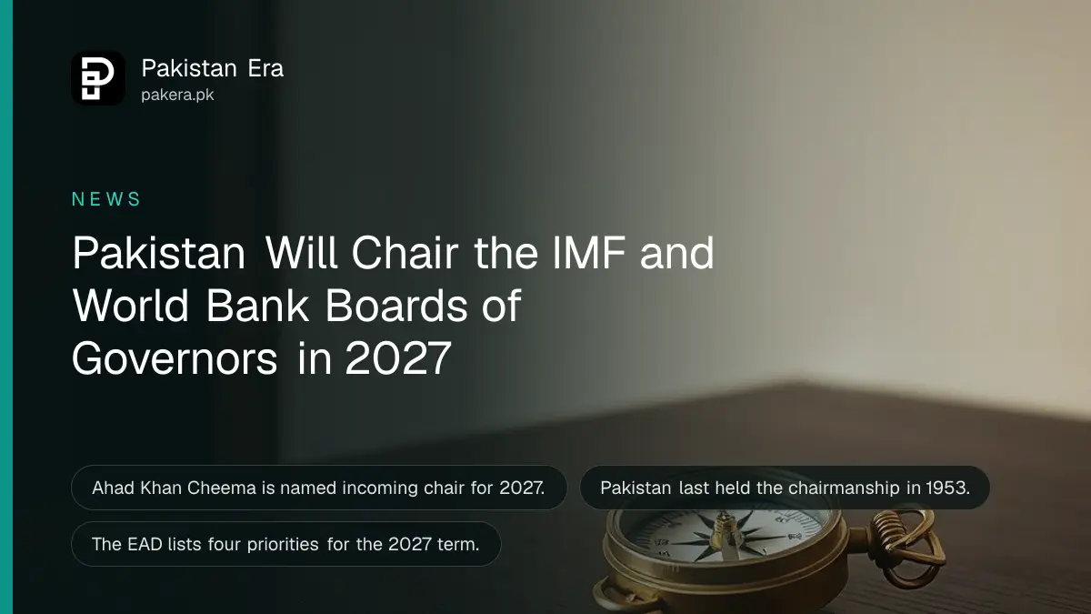 A brass compass on a dark wooden table, for the news that Pakistan will chair the IMF and World Bank boards in 2027