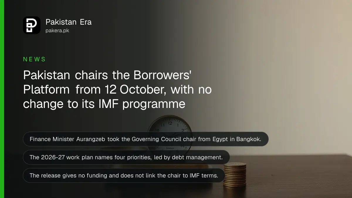 A brass balance scale and plain coins on a dark wooden table, for a report on Pakistan chairing the Borrowers' Platform
