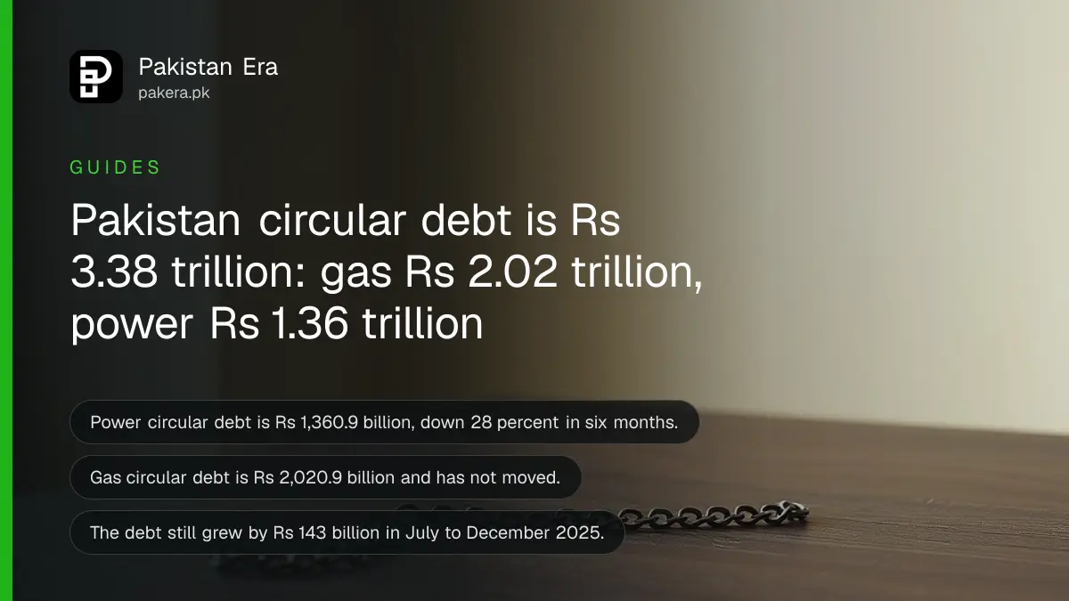 A short chain lying in a loop on a dark wooden table, for a report on circular debt in Pakistan