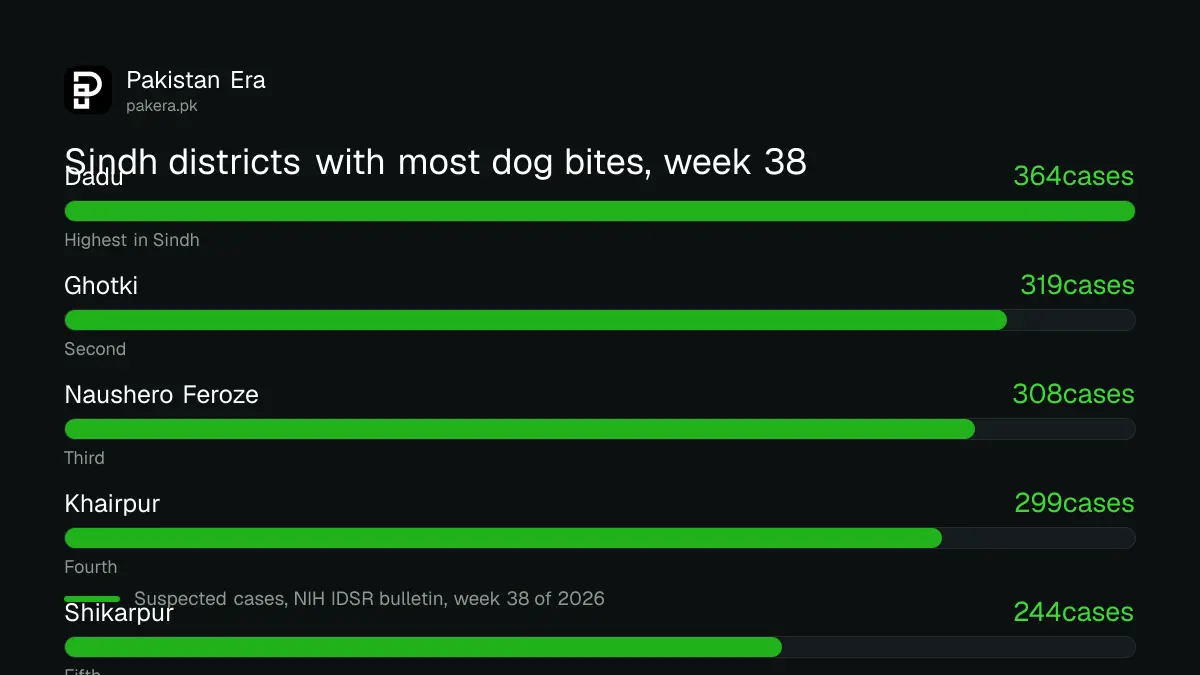 Bar chart of the five Sindh districts with the most dog bite cases in week 38 of 2026, led by Dadu at 364