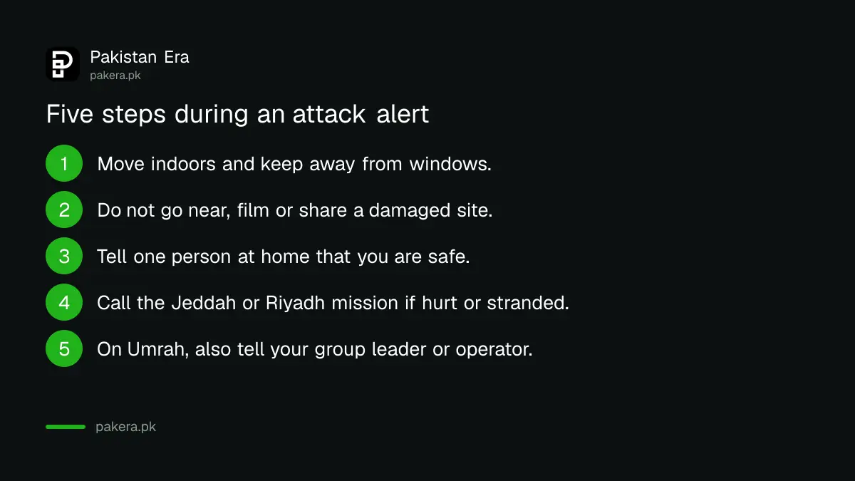 Five steps for Pakistanis in Saudi Arabia during an attack alert: go indoors, do not film, tell family, call the mission, tell your group leader