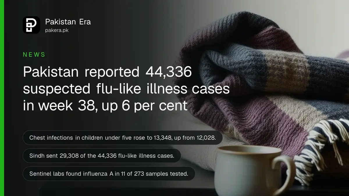 A folded wool blanket and a ceramic teacup on a wooden table, for a report on flu-like illness and chest infections in Pakistan
