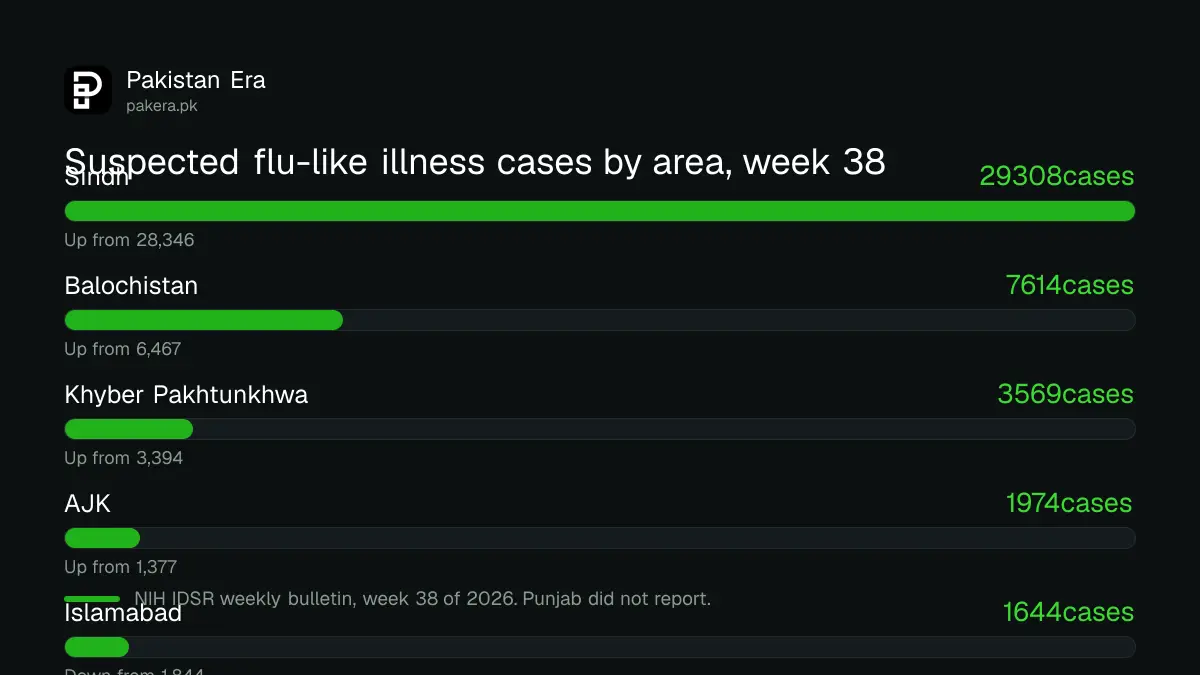 Bar chart of suspected influenza-like illness cases in week 38 of 2026 by area: Sindh 29,308, Balochistan 7,614, Khyber Pakhtunkhwa 3,569, AJK 1,974, Islamabad 1,644