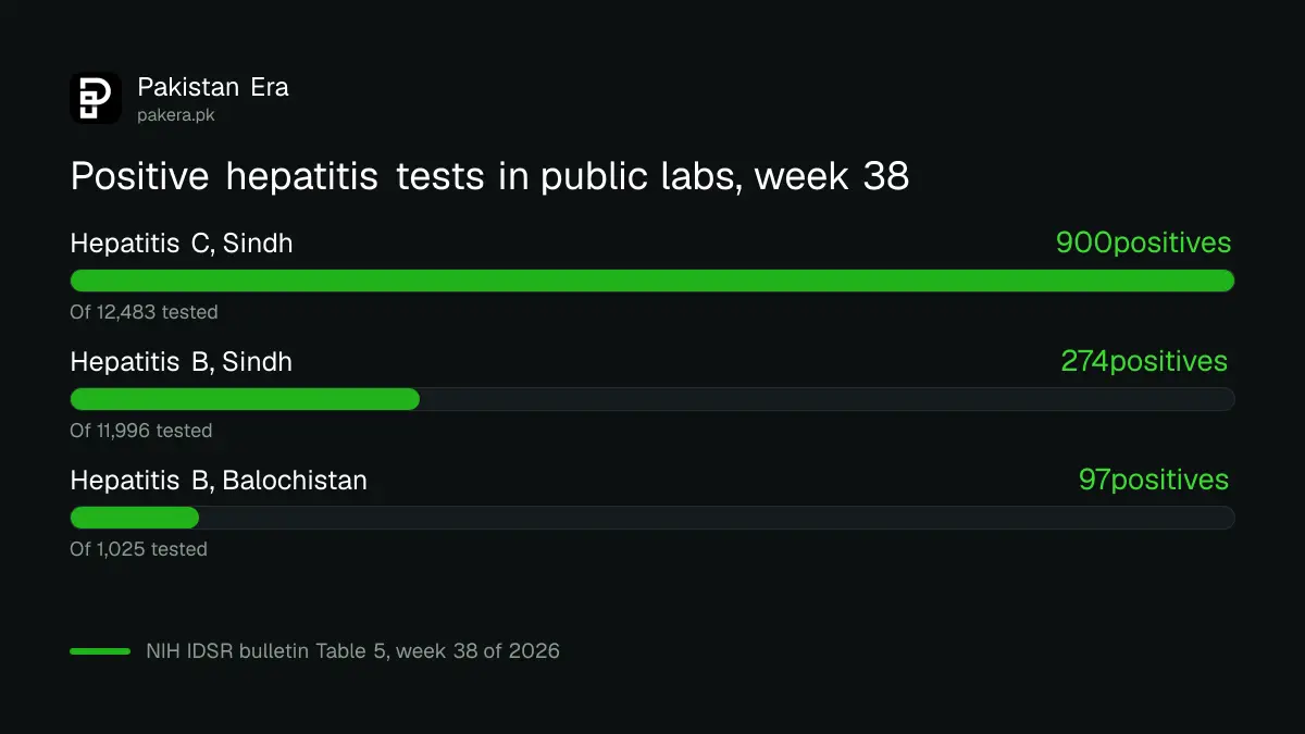 Bar chart of positive hepatitis tests in public labs in week 38 of 2026: hepatitis C in Sindh 900, hepatitis B in Sindh 274, hepatitis B in Balochistan 97