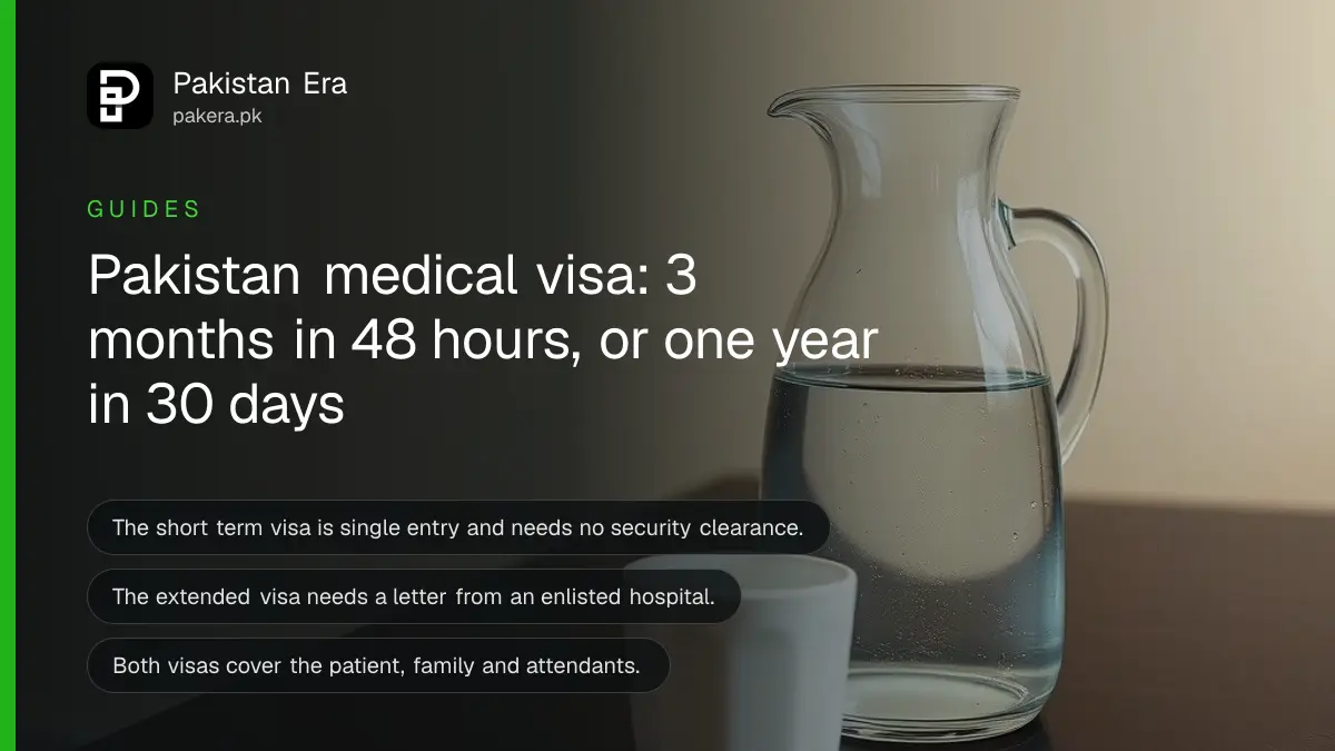 A glass jug of water and an empty cup on a dark wooden table, for a guide on the Pakistan medical visa